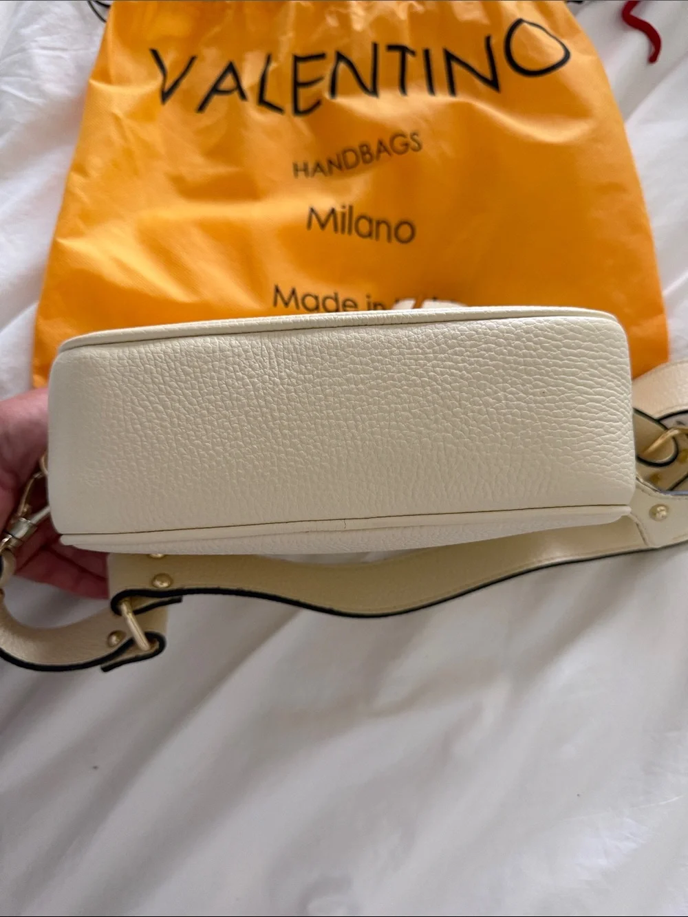 Valentino Cream Pebbled Leather Crossbody with Pearl V Logo - Authentic